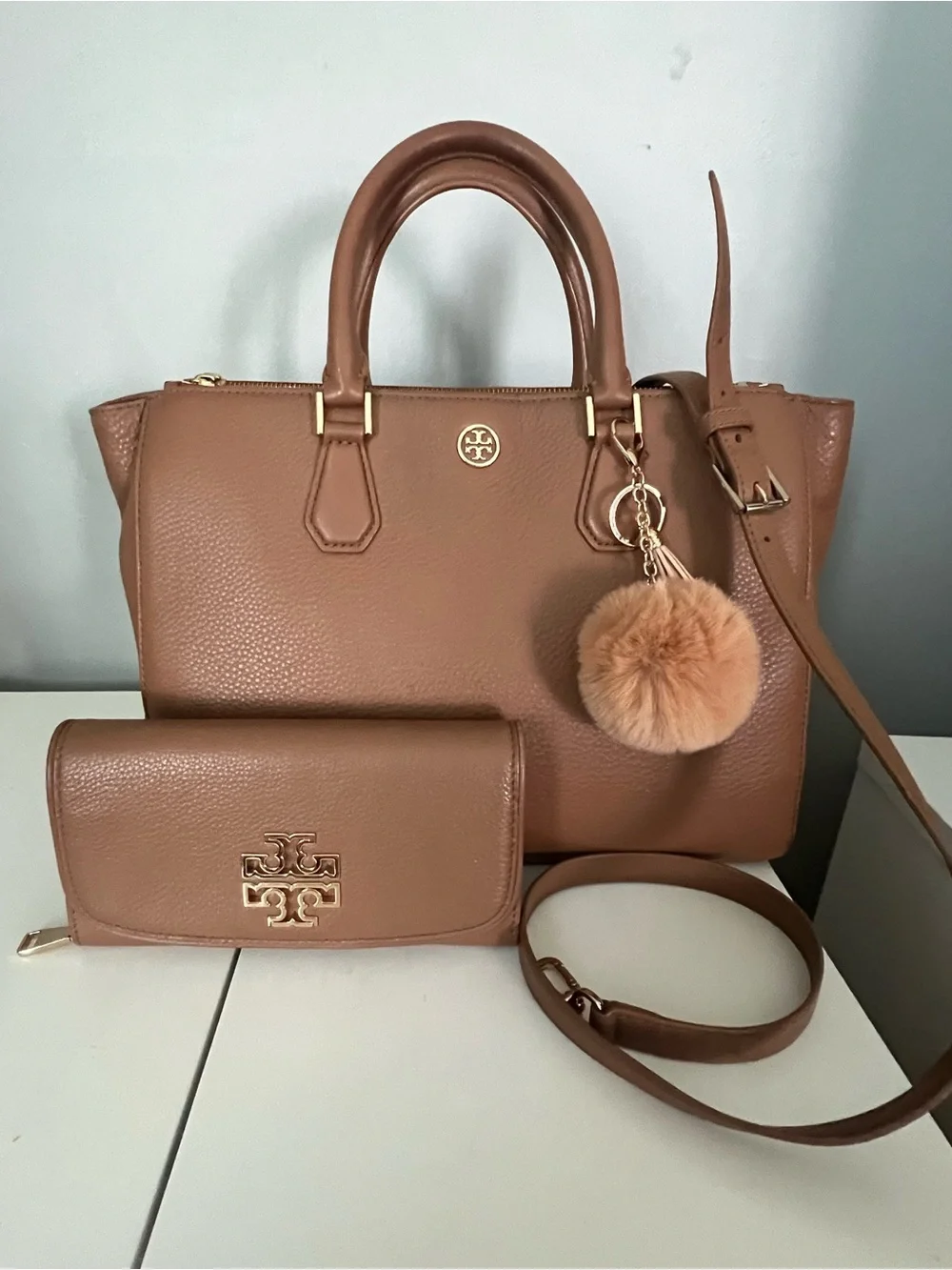 Tory Burch Tan Pebbled Leather Satchel with Wallet and Pom Charm